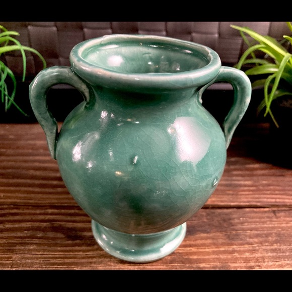 Rare Mid Century Vintage Japanese Art Pottery Double Handle Celadon Urn - Picture 4 of 9